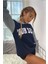 Your Self Oversize Kadın Baskılı Lacivert Kapüşonlu Sweatshirt 3