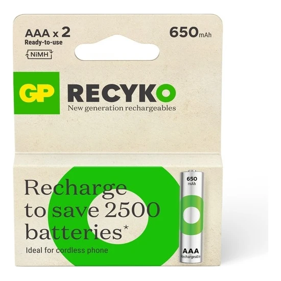 GP 2'li ReCyko 650 Serisi NiMH AAA İnce Kalem Boy Şarjlı Pil(GP65AAAHCEMTR-2GB2)