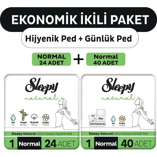 Sleepy Ekonomik Ikili Paket (Natural Ultra Hassas Hijyenik Ped Normal 24'Lü + Günlük Ped Normal 40'Lı)