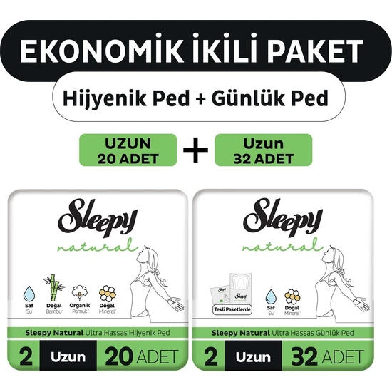 Sleepy Ekonomik Ikili Paket (Natural Ultra Hassas Hijyenik Ped Uzun 20'Li + Günlük Ped Normal 32'Li)