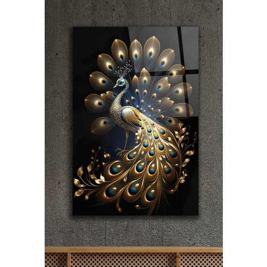 Acres Altın Tavus Kuşu Dekoratif Dikey Cam Tablo