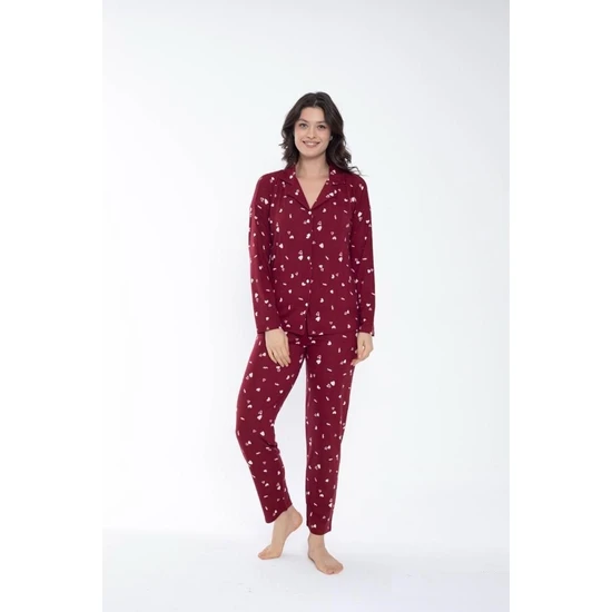 Bie's Kadın Gömlek Yaka Önden Düğmeli Mevsimlik Uzun Kol Pijama Takımı