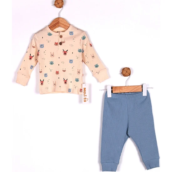 Modam Bebek Melisa Bebe Unısex Bebek Düğme Yakalı  Desenli Uzun Kollu Fitilli Kumaş Pijama Takım