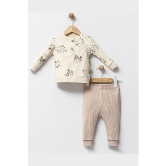 Modam Bebek Melisa Bebe Erkek Bebek Düğme Yakalı  Desenli Uzun Kollu Fitilli Kumaş Pijama Takım
