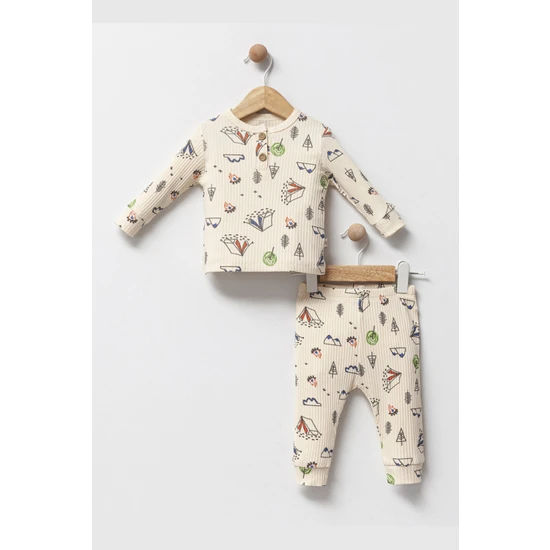 Melisa Bebe Unısex Bebek Düğme Yakalı  Desenli Uzun Kollu Fitilli Kumaş Pijama Takım