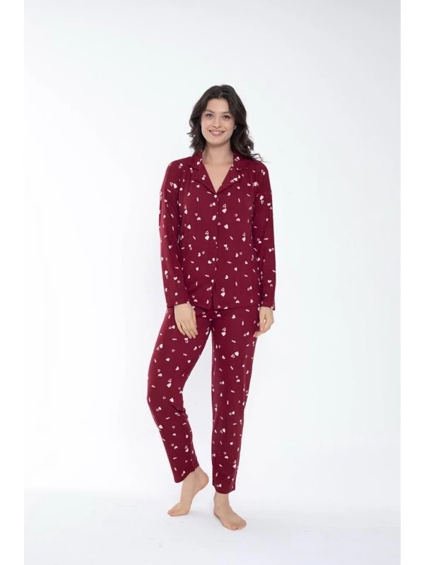 Bie's Kadın Gömlek Yaka Önden Düğmeli Mevsimlik Uzun Kol Pijama Takımı