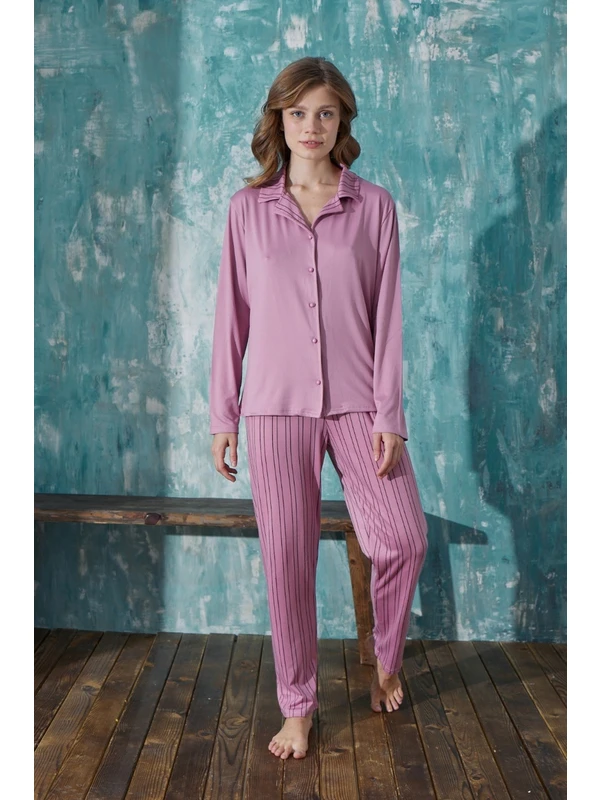 Bie's Kadın Gömlek Yaka Önden Düğmeli Mevsimlik Uzun Kol Milan Pijama Takımı