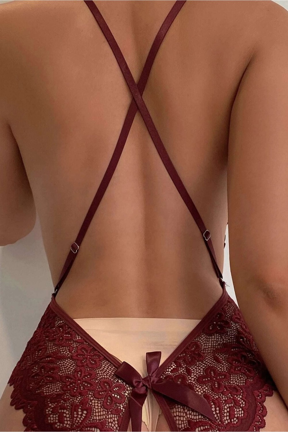 Fancy&Dancy Kadın Bacak Arası Açık Dantel Tül Babydoll - Çapraz Askı Detaylı Şık Gecelik - Tek Parça Iç Çamaşırı Bodysuit - 7300 görsel 4