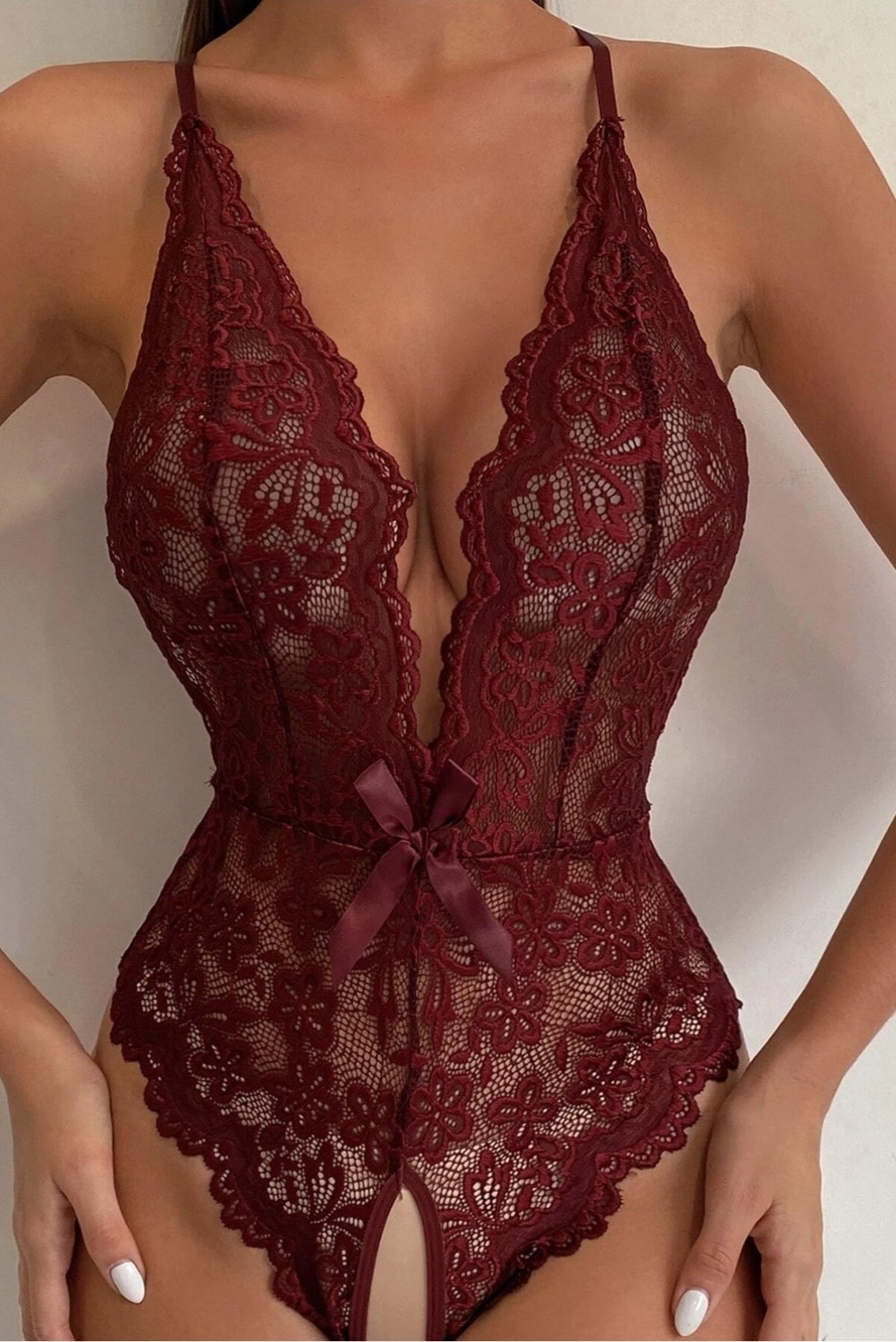 Fancy&Dancy Kadın Bacak Arası Açık Dantel Tül Babydoll - Çapraz Askı Detaylı Şık Gecelik - Tek Parça Iç Çamaşırı Bodysuit - 7300 görsel 2