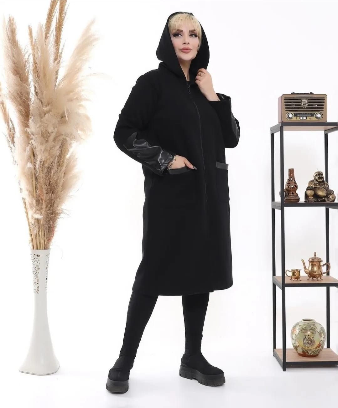Butik Ayseba Kadın Siyah Deri Detaylı Üç Iplik Polarlı Büyük Beden Kapüşonlu Kaban görsel 5