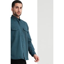 Varetta Erkek Koyu Turkuaz Çift Cepli Likralı Lewis Model Gabardin Kumaş Kot Gömlek