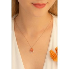 Osmanlı Gümüş Kadın Gümüş Kolye - Zirkon Taşlı Turuncu Çiçek Motifli Rose Altın Kaplama Gümüş Kolye