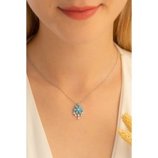 Osmanlı Gümüş Kadın Gümüş Kolye - Zirkon Taşlı ve Turkuaz Taşlı Çiçek Motifli Gümüş Kolye