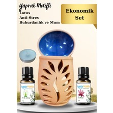 Happymodds Yaprak Motifli Buhurdanlık,mum ve Lotus, Anti-Stres Kokulu Esansiyel Uçucu Yağ 10 ml