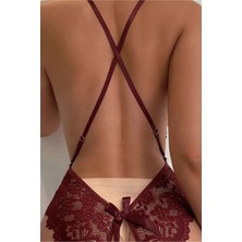 Fancy&dancy Kadın Bacak Arası Açık Dantel Tül Babydoll - Çapraz Askı Detaylı Şık Gecelik - Tek Parça Iç Çamaşırı Bodysuit - 7300