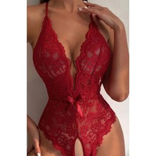 Fancy&dancy Kadın Bacak Arası Açık Dantel Tül Babydoll - Çapraz Askı Detaylı Şık Gecelik - Tek Parça Iç Çamaşırı Bodysuit - 7300