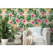 Harita Sepeti Botanik, Tropikal Çiçek ve Yaprak Desenli Duvar KAĞIDI-5666