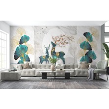 Harita Sepeti Altın Detaylı Geyik ve Yavrusu Desenli Duvar Kağıdı-5635