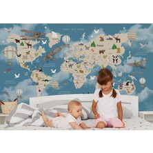 Harita Sepeti Dünya Haritası Çocuk ve Bebek Odası hayvanlar Alemi Duvar Kağıdı-3827