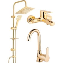 Germany Steel Gold Altın Kare Robot Duş Seti, Lavabo ve Banyo Bataryası Musluğu Çeşmesi 3'lü Set