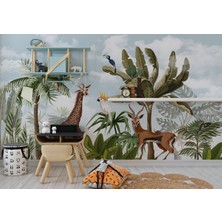 Harita Sepeti Tropikal Orman Bitkileri ve Hayvanlar Çocuk Odası Duvar KAĞIDI-5625