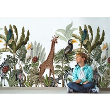 Harita Sepeti Tropikal Orman Bitkileri ve Hayvanları Çocuk Odası Duvar Kağıdı-5610