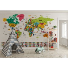 Türkçe Dünya Haritası Eğitici-Öğretici Sembollü Bayraklı Dekoratif Duvar KAĞIDI-2870