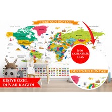 Harita Sepeti Özelleştirilebilir Türkçe Dünya Haritası Eğitici Öğretici Sembollü Bayraklı Dekoratif Duvar Kağıdı