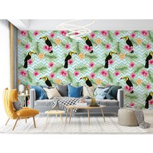 Harita Sepeti Tropikal Papağanlar Çiçekli Ağaç Yaprakları Duvar Kağıdı-5570