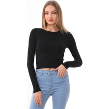 Penye Bizden  Kadın Crop Pamuklu Basiç T-Shirt -Siyah