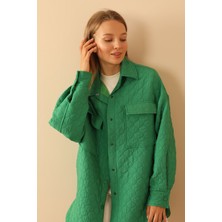Lody Mood Jakar Kumaş Soğan Desen Kapitone Oversize Kadın Gömlek-Yeşil