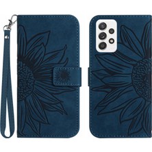 Seashell Digital Samsung Galaxy A72 4g/5g Telefon Kılıfı Için, HT04 Cilt Touch Pu Deri Basılı Ayçiçeği Stand Cüzdan Kapağı El Strap-Dark Mavi (Yurt Dışından)