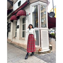 Küçüğüm Butik Kırmızı Ekose Belden Büzgülü Uzun Etek