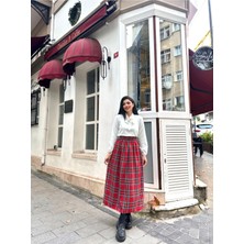 Küçüğüm Butik Kırmızı Ekose Belden Büzgülü Uzun Etek