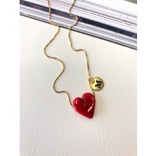 Atelier Deep Kırmızı Kalp Harfli Cam Murano Düz Zincir Kolye Gold Çelik Kolye DRN05039
