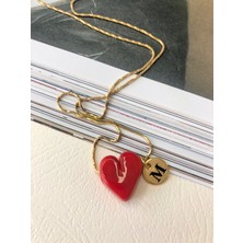 Atelier Deep Kırmızı Kalp Harfli Cam Murano Düz Zincir Kolye Gold Çelik Kolye DRN05039