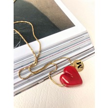 Atelier Deep Kırmızı Kalp Harfli Cam Murano Düz Zincir Kolye Gold Çelik Kolye DRN05039