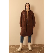 Jakar Kumaş Soğan Desen Oversize Kadın Uzun Gömlek-Kahve