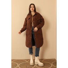 Jakar Kumaş Soğan Desen Oversize Kadın Uzun Gömlek-Kahve