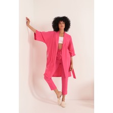 Müslin Kumaş Oversize Kadın Kimono-Fuşya