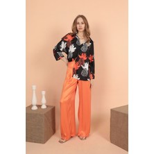 Saten Kumaş Pileli Palazzo Kadın Pantolon-Oranj