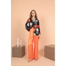 Saten Kumaş Pileli Palazzo Kadın Pantolon-Oranj