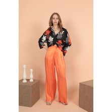 Saten Kumaş Pileli Palazzo Kadın Pantolon-Oranj