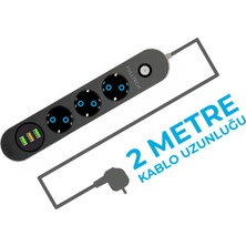 Fulltech Termal Akım Korumalı 3x USB 10A 2500WATT 3x Priz Soketli 2 Metre Uzatma Kablosu