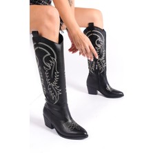 Bak Store Siyah Deri Beyaz Nakışlı Fermuarlı Uzun Western Kadın Kovboy Çizme