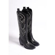 Bak Store Siyah Deri Beyaz Nakışlı Fermuarlı Uzun Western Kadın Kovboy Çizme