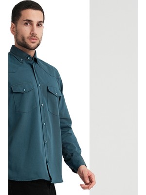 Varetta Erkek Koyu Turkuaz Çift Cepli Likralı Lewis Model Gabardin Kumaş Kot Gömlek