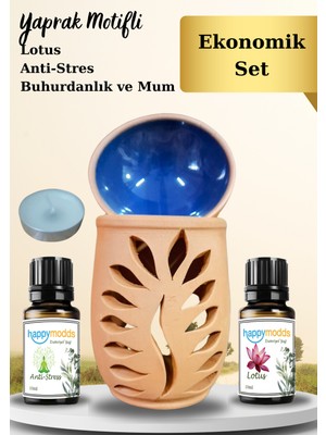 Happymodds Yaprak Motifli Buhurdanlık,mum ve Lotus, Anti-Stres Kokulu Esansiyel Uçucu Yağ 10 ml