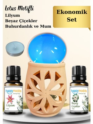 Happymodds Lotus Motifli Buhurdanlık, Mum ve Lilyum, Beyaz Çiçekler Kokulu Esansiyel Uçucu Yağ 10 ml