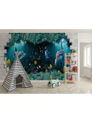 Harita Sepeti Deniz Altında Sevimli Yunus Balıkları Duvar Kağıdı-5622